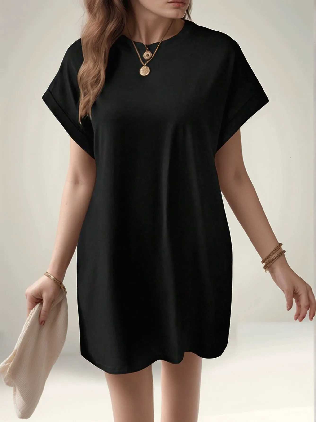 2025 European and American new casual solid color round neck batwing sleeve invisible pocket loose short sleeve dress XJ250814