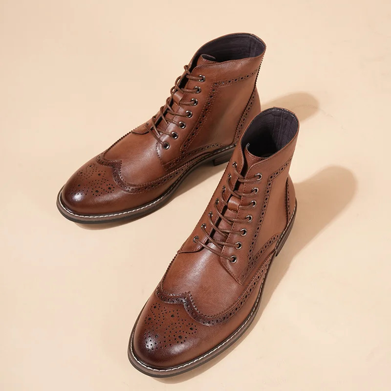 British Style Mens Brogue High Toe Shoes Vintage Leather Chelsea Boots Lace Up Autumn Winter Work Shoes Ankle Boots Men 250811