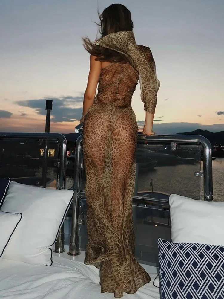 1 Shoulder Leopard Print Maxi Dress Women Inclined Shoulder Backless Beach Holiday Vacation Club Sexy Long Dress XJ250814