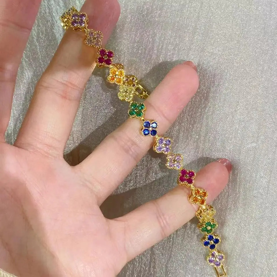 UILZ 1pc Rainbow Colorful Clover Zircon Bracelet Fashion Charm Gorgeous Charm Exquisite Cute Sweet Shining Crystal Jewelry Gift 250808