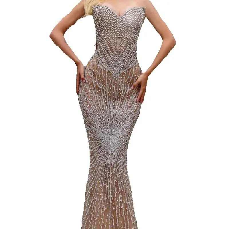 Luxury Strapless Crystal Prom Dresses Sexy Beaded Rhinestones Sleevless Evening Gowns Women Floor Length Party Dress Customized