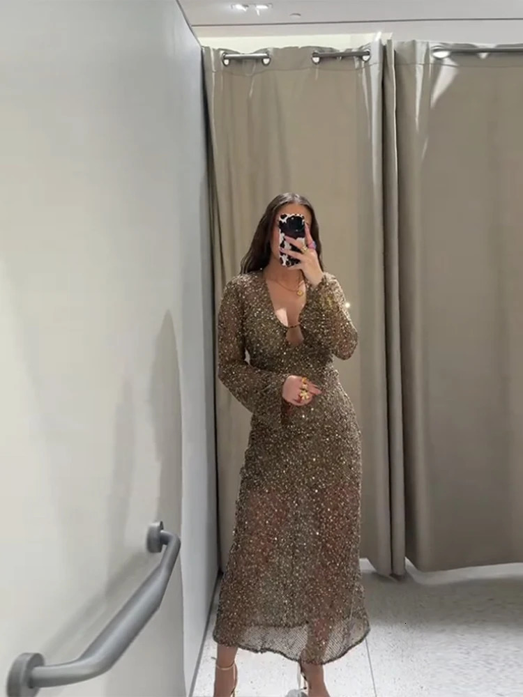 Sequin Knitted perspective Dress Bright Silk Mesh V-Neck Hollow Out Sexy Robes Waist Cinching Slimming Long Sleeve Women Dresses 250813