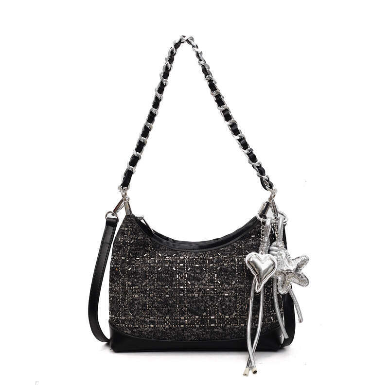 Summer New 2025 Denim Blue Rhinestone Sequin Fashionable High-End Single Shoulder Basket Handbag
