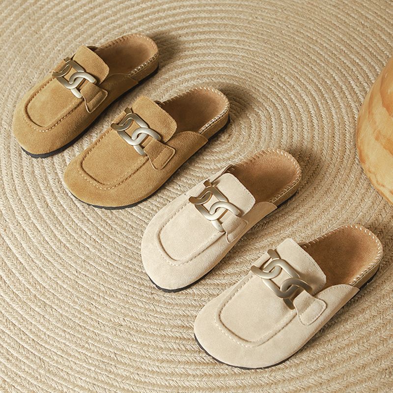 Chain Metal Slippers Woman Nubuck Leather Flat Sandals Cover Toe Mules Femme Cork Slides Outside Clogs Sandalia Ladies Flipps