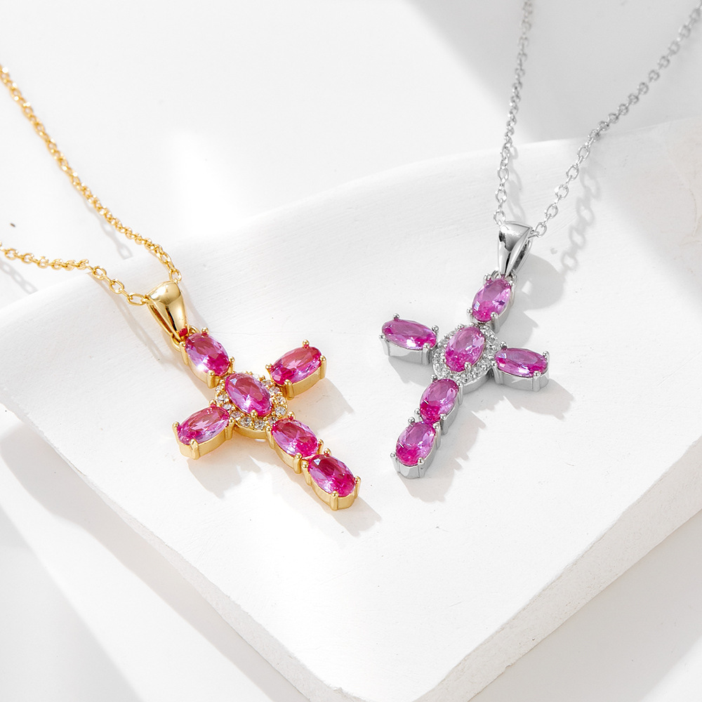 Fashion New S Pure Sier Cross Zircon Necklace for Women Elegant Personality Colorful Gemstone Collarbone Chain