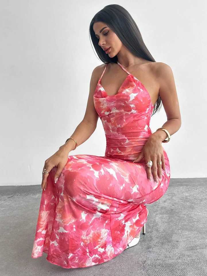 Sexy Slant Collar Halter Print Dress Fashionable New Arrival Womens Sleeveless Gown in Vibrant Colors and Patterns XJ250814