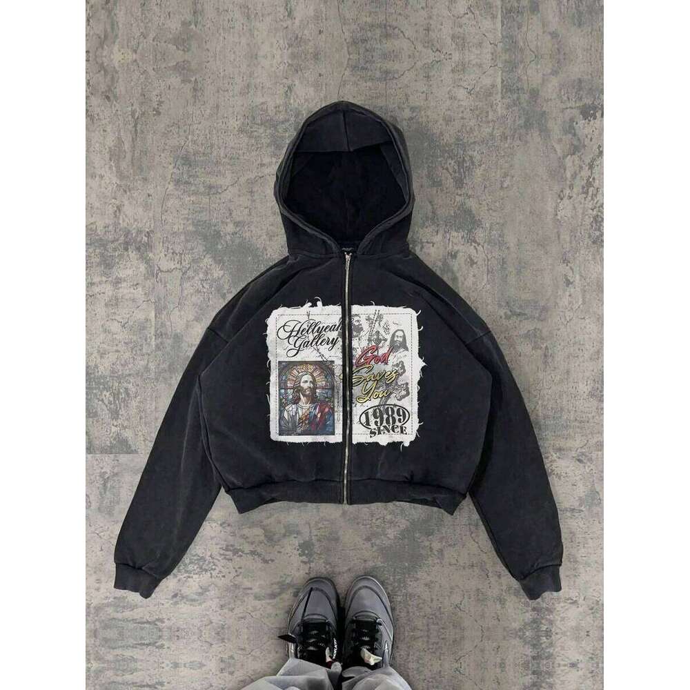 New Y2k Hip-Hop Europe United States Personality Pattern Printing Hoodie Men Fall Haruku Jacket Gothic Casual Zip Up Hoodies
