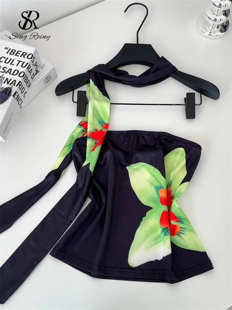 2025 strapless printed top women's satin sleeveless backless slim mini top Korean fashion sexy beachwear Camis designer top