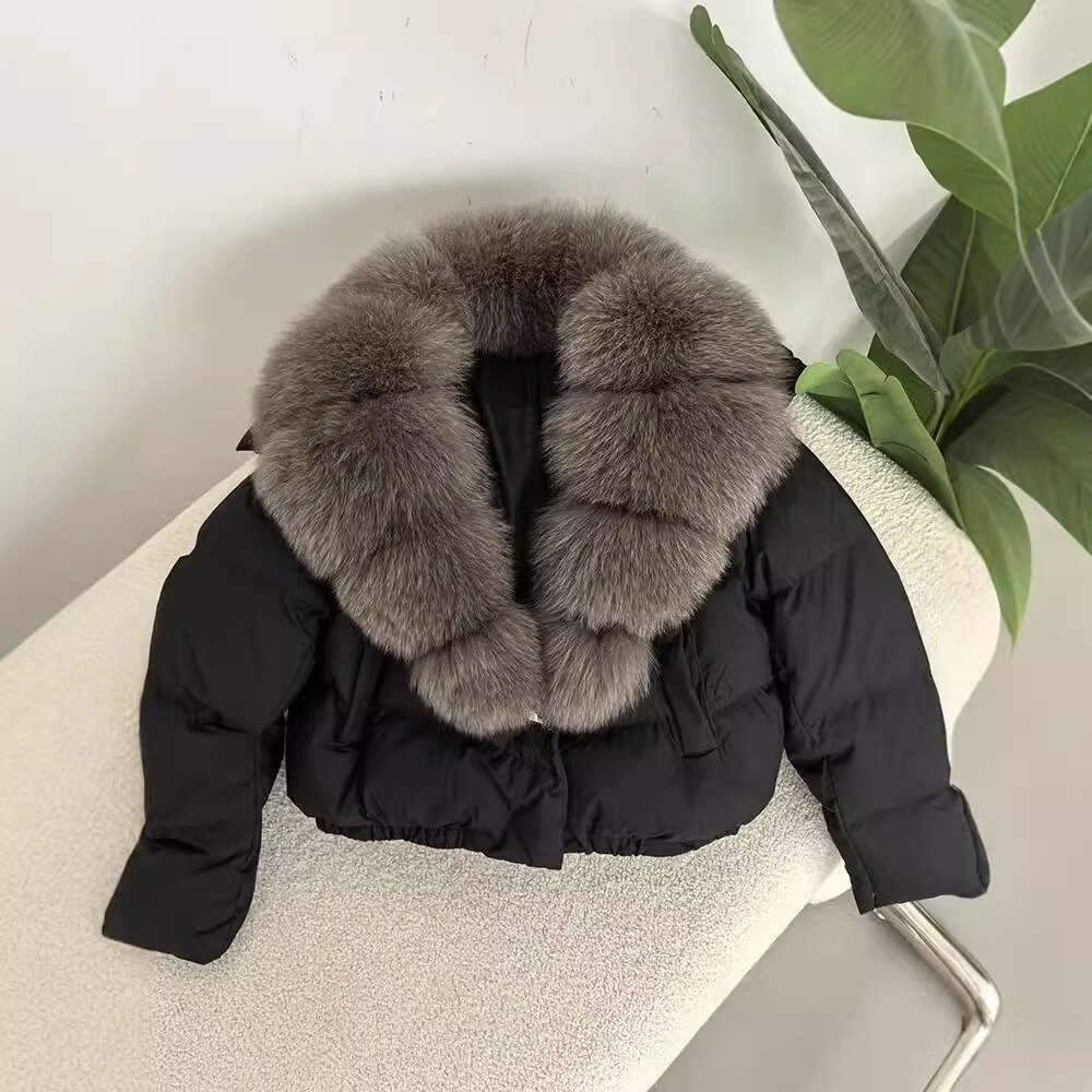 Women's Clothing Winter new style women's short fashionable warm down jacket small size stylish oversized real fox fur collar coat