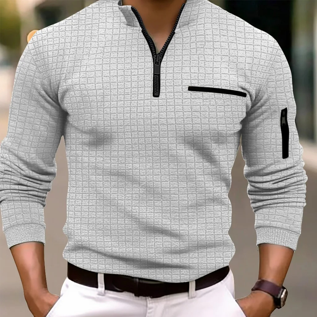 spring and autumn mens checkerboard checkered POLO shirt zip-up collar sports polo shirt 250813