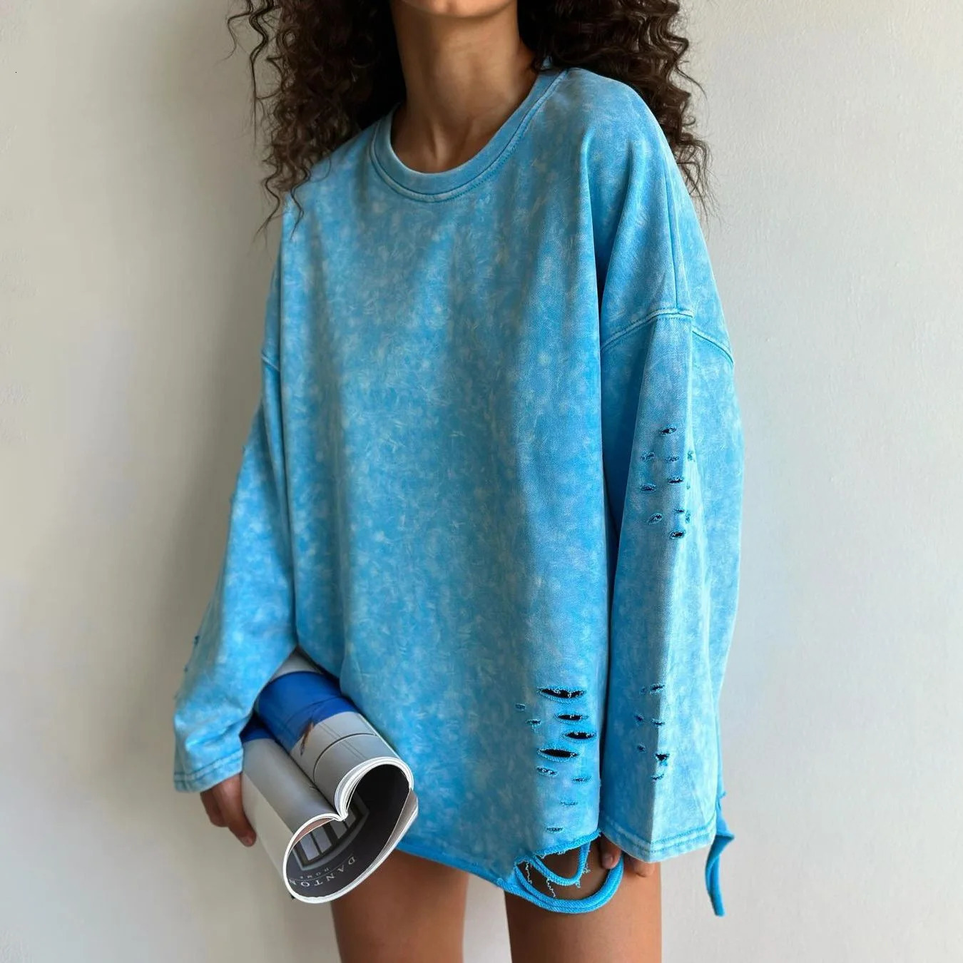 Womens Perforated Roundneck Hoodie Jacket A Trendy of Aged Highend American Longsleeved Loose for Women 250813