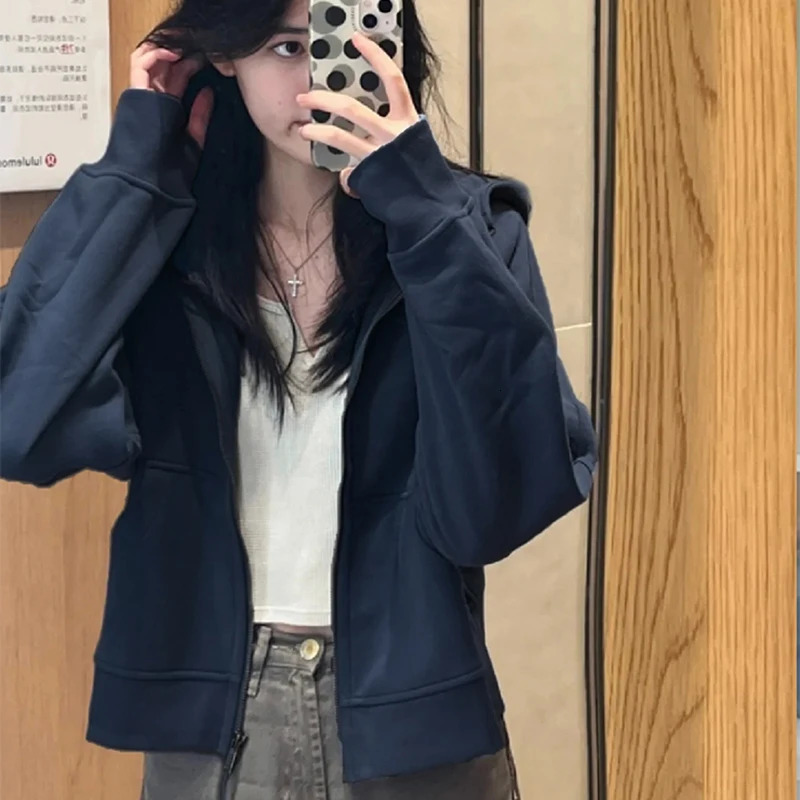 Female Casual Koreanstyle Jacket Allmatched Zipper Long Sleeve Hooded Sweatshirts Outer Pockets Sports Short Open Cardigan 250813