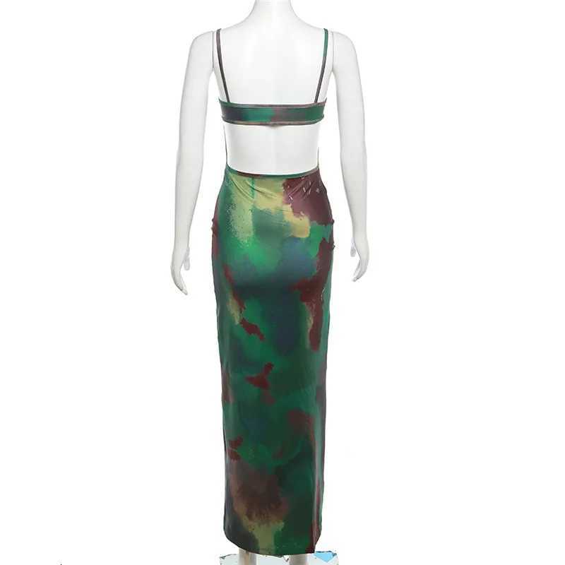 Summer Women Vintage Tie Dye Print Maxi Dress Sexy Backless Cleavage Body-shaping Spaghetti Strap Party Dress XJ250814