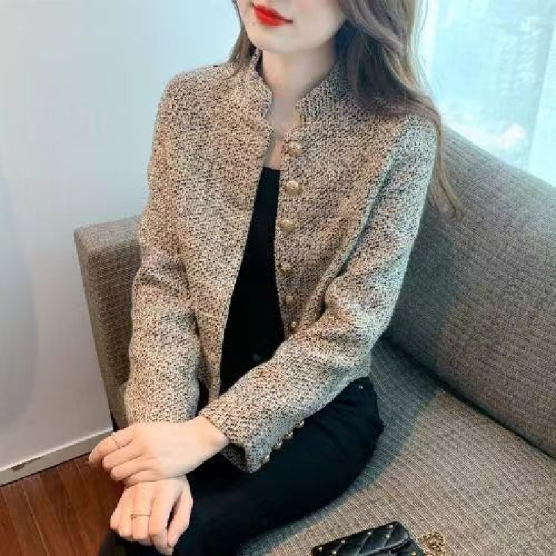 Vintage Cropped Tweed Jacket Women Elegant Short Blazer Autumn Korean Single-Breasted All Match Casual Chic Outerwear Tops 241010
