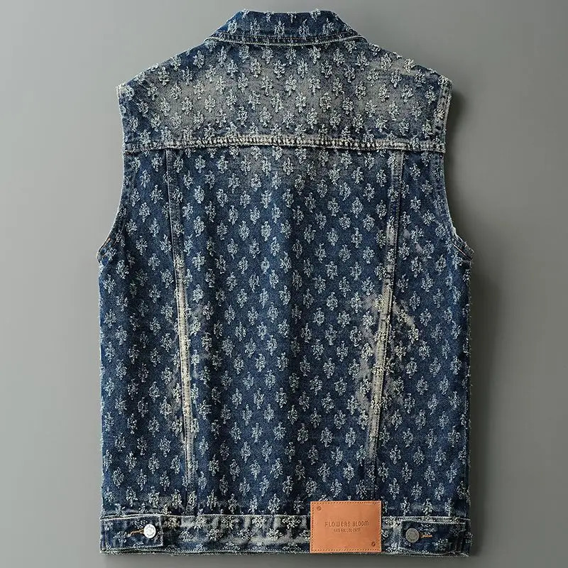 Retro Trendy Motorcycle Denim Vest for Men Spring and Autumn High Street Stylish Loose Jacquard Sleeveless Outerwear 250805