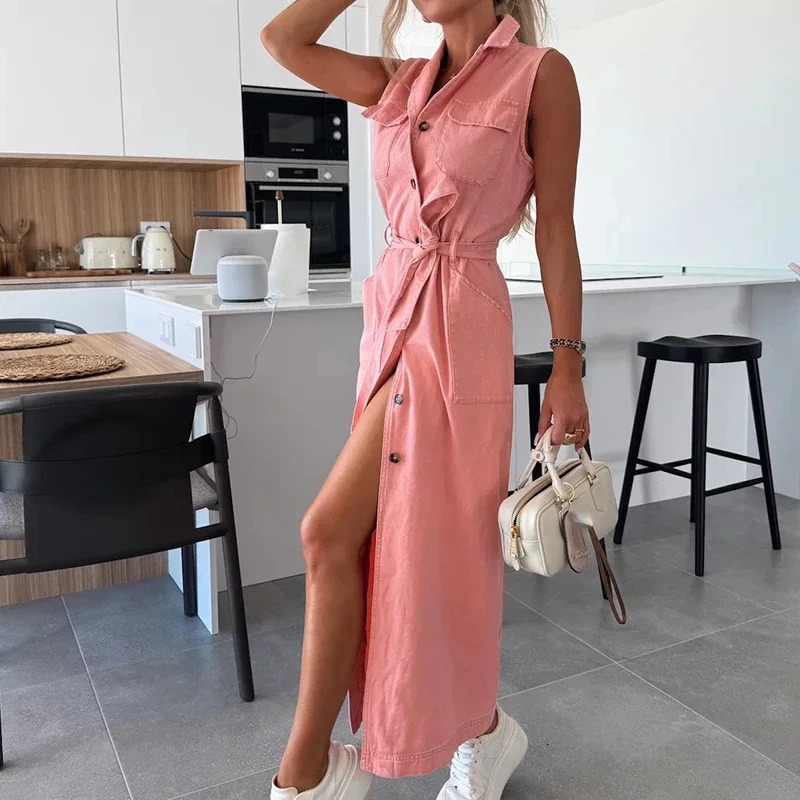Elegant Laple Collar Lace-up Solid Denim Dress Casual Sleeveless Pocket Slim Long Dress Women Fashion Button Waist Party Dresses 250813