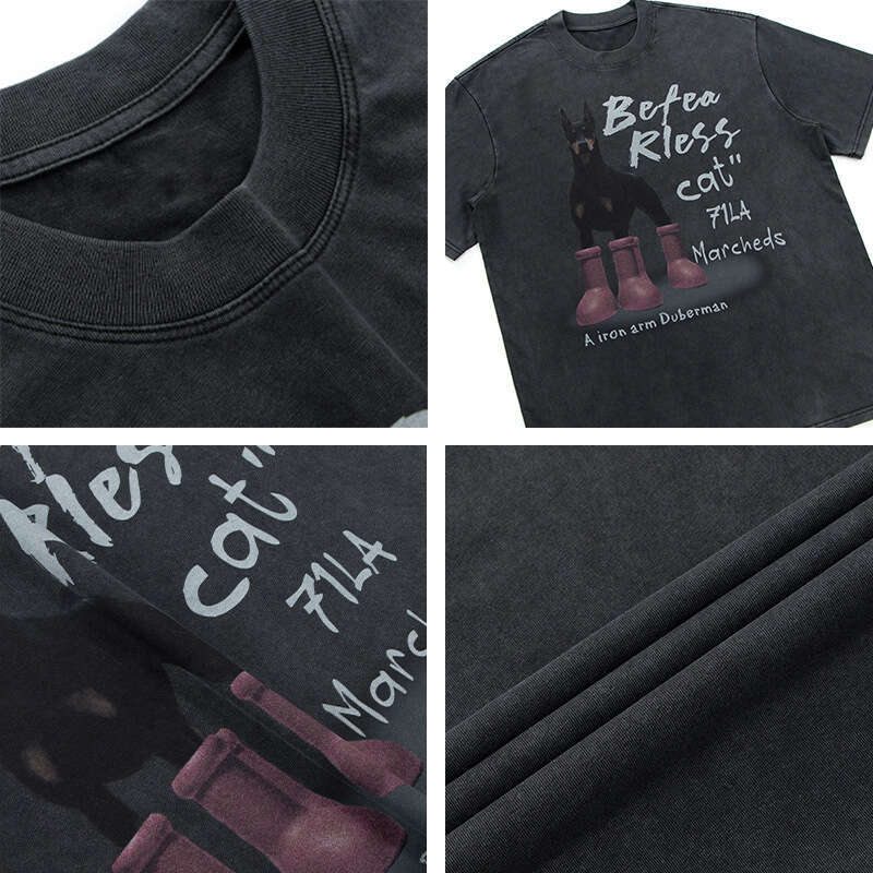 American Style Washed Vintage Red Boots Puppy Short Sleeve Round Neck T-Shirt Summer Unisex Trendy Loose Couple Top B5