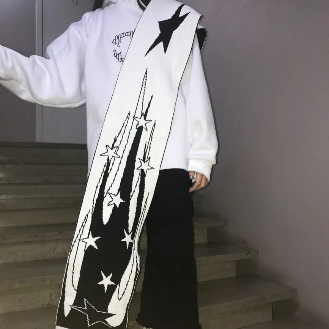 Fashion creative star Y2K striped knitted womens scarf mens winter scarf apron black tassel luminous Y2K Kpop 250813