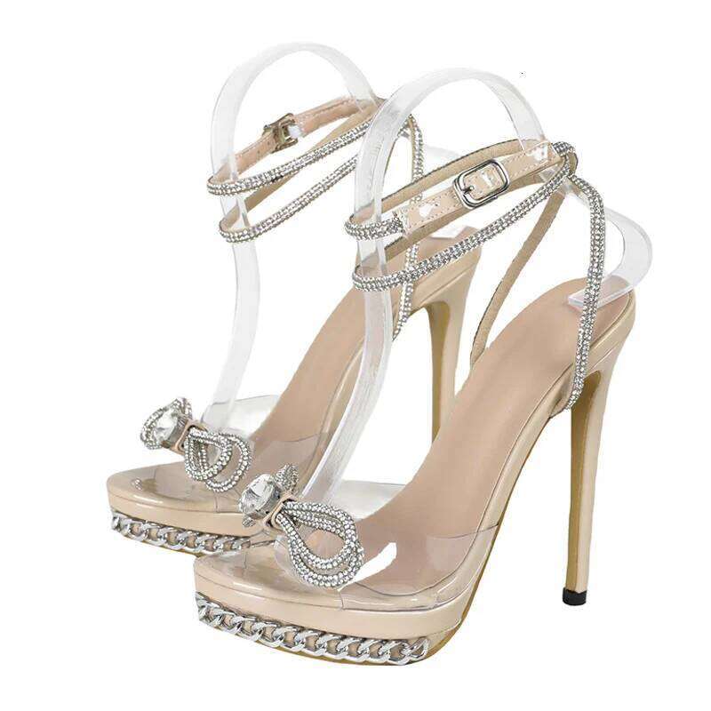 Liyke 2025 Summer Fashion Crystal Bowknot Transparent Sandals Women Sier Chain Designer High Heels platform Shoes Sandalias