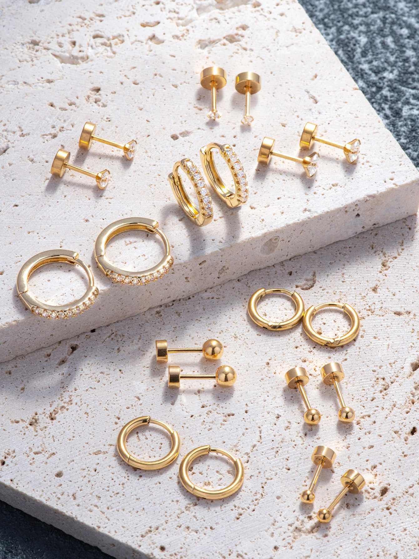 10 Pairs Small Gold Hoop Stud Earrings for Women 18K Gold Plated Tiny Stainless Steel Earrings Sets for Multiple Piercings XJ250814