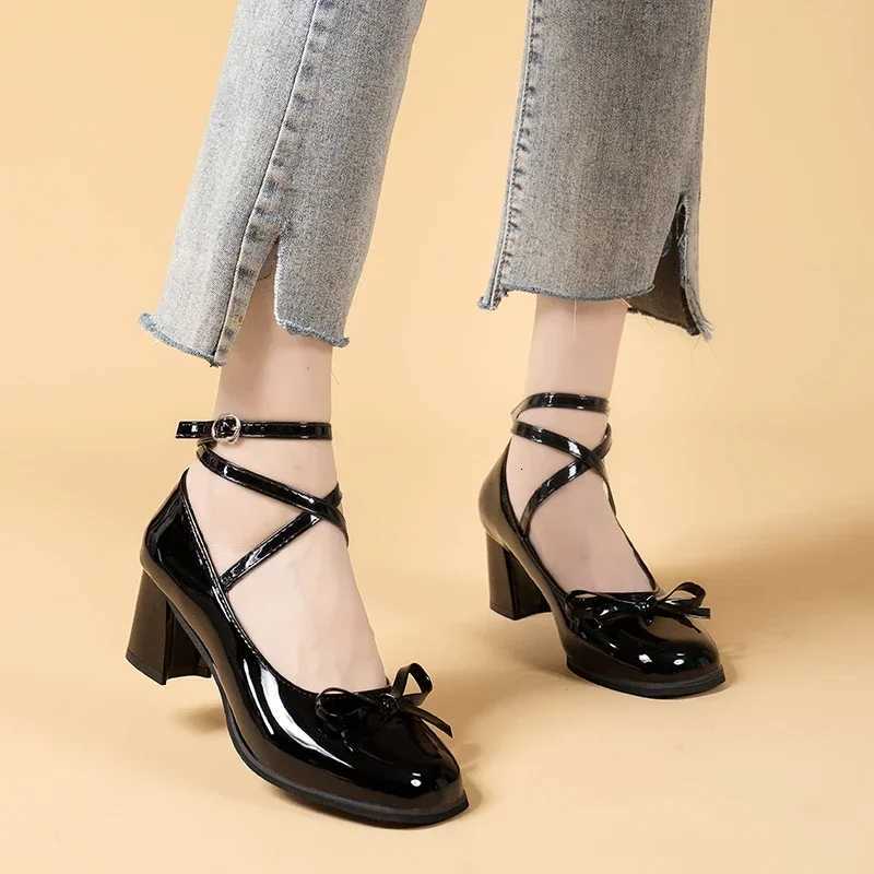 Black Retro Cross-Tie Pumps Casual Summer Round Toe Shoes Ladies Sweet Fashion Shoes Woman Bow Design W250814