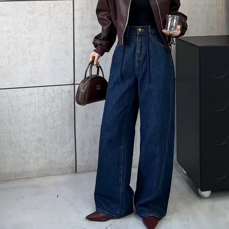 Trendy High-Waisted Straight Cut Jean Trousers w/ String Closure