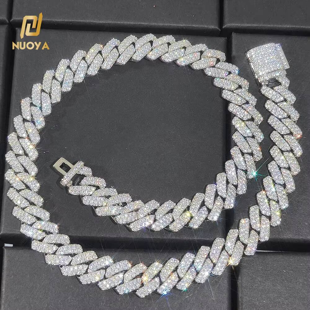 NUOYA 14mm Iced Out Prong Link Chain Sier Plated Brass Hip Hop Dia Cuban Chains Necklace for Women's Fine Jewelry