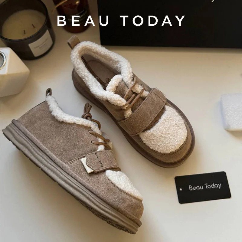 BEAUTODAY Furry Flats Women Cow Suede Round Toe Solid Color Hook Loop Lace-Up Winter Ladies Warm Shoes Handmade 27843 250809