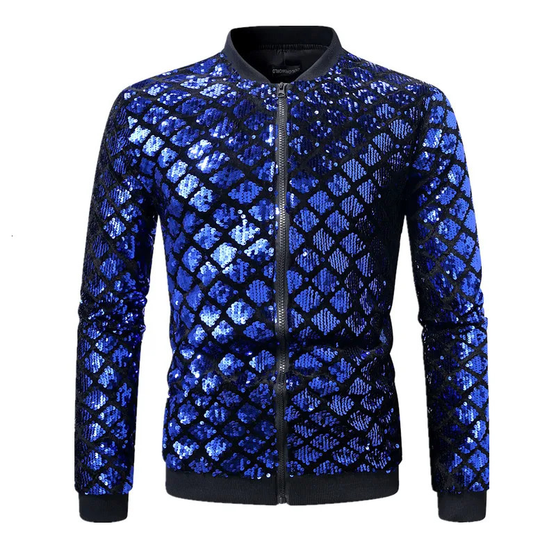 Fashion Men Baseball Collar Sequin Jacket Green / Black / Blue Trendy Homme Party Dance Bar KTV Casual Coat 250811