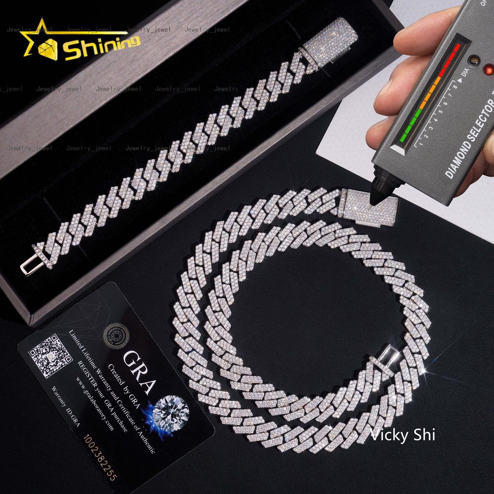 Hot Selling Hip Hop Men Cuban Necklace GRA 925 Solid Silver 13mm Two Rows Iced Out VVS1 Moissanite Cuban Link Chain