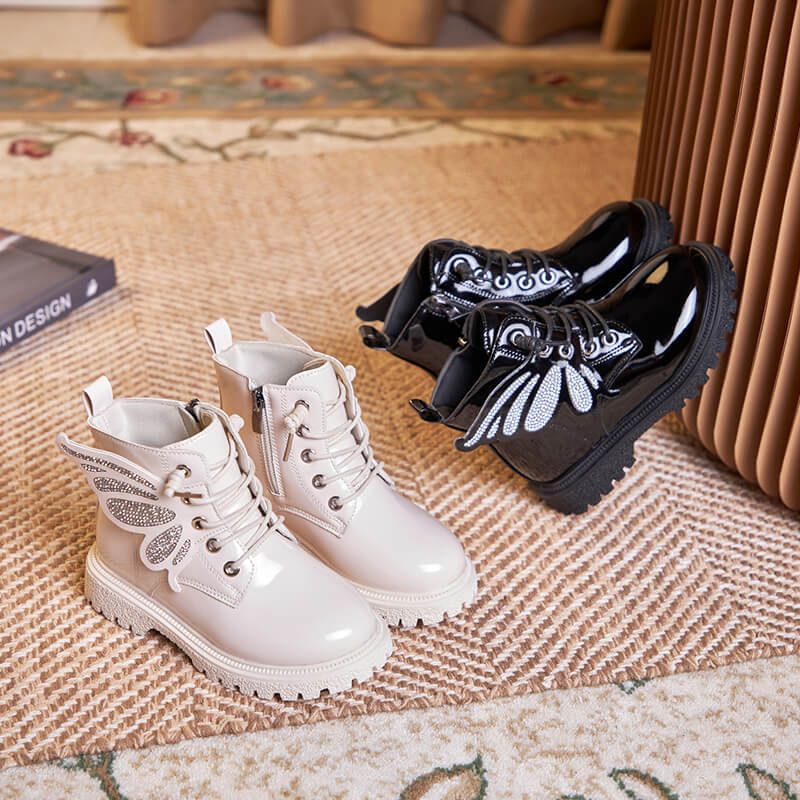 Children New Fashion Kid Boots Girls Butterfly Solid Color Boots Kidsnest Toddler Lace Up Side Zipper Winter Boots Non-slip PU Leather Shoes Sizes US9