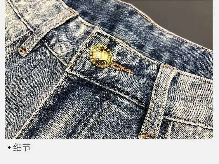 Retro Street Punk Fashionable Color Changing Tiger Head Hot Stamping Jeans Y2k Gothic Ripped Men Straight Leg Cropped Pants