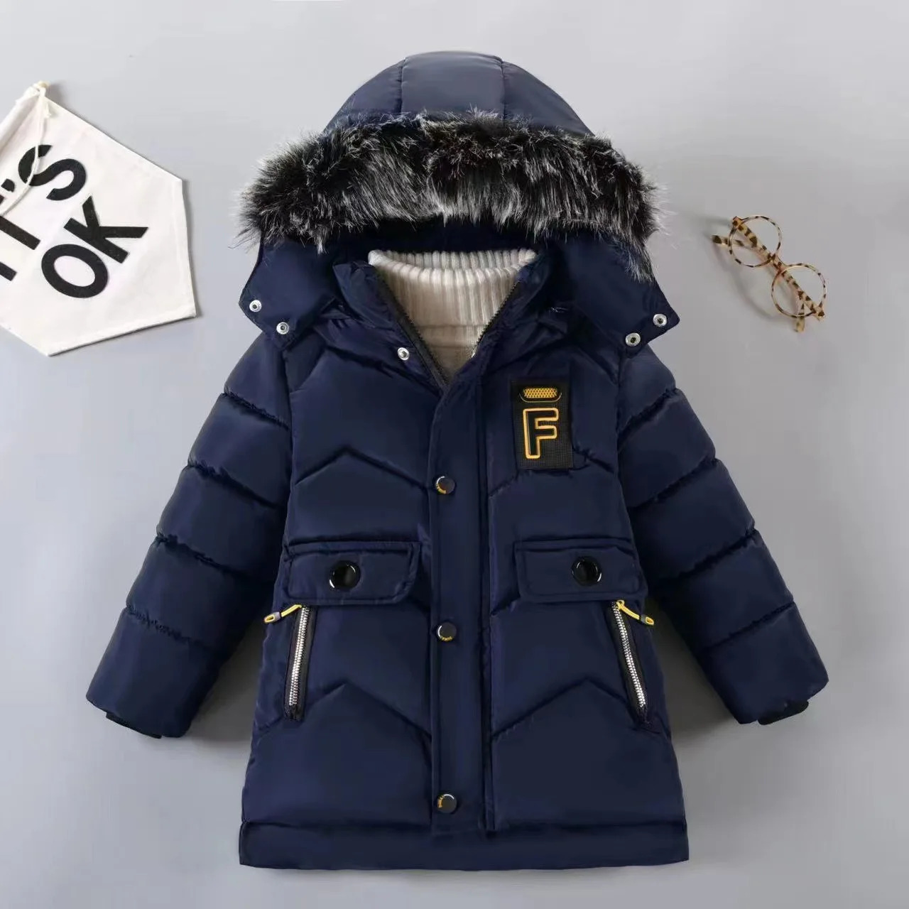 Style Winter Keep Warm Boys Jacket Letter F Fashion Lining With Plush Fur Collar Hooded Heavy Coat For Kids 250813