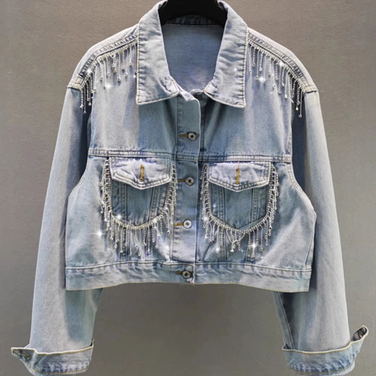 Women Diamonds Beaded Fringed Denim Jacket Autumn Rhinestones Tassels Jeans Coat Loose Crystal Cowboy Cardigan Streetwear Tops 250813