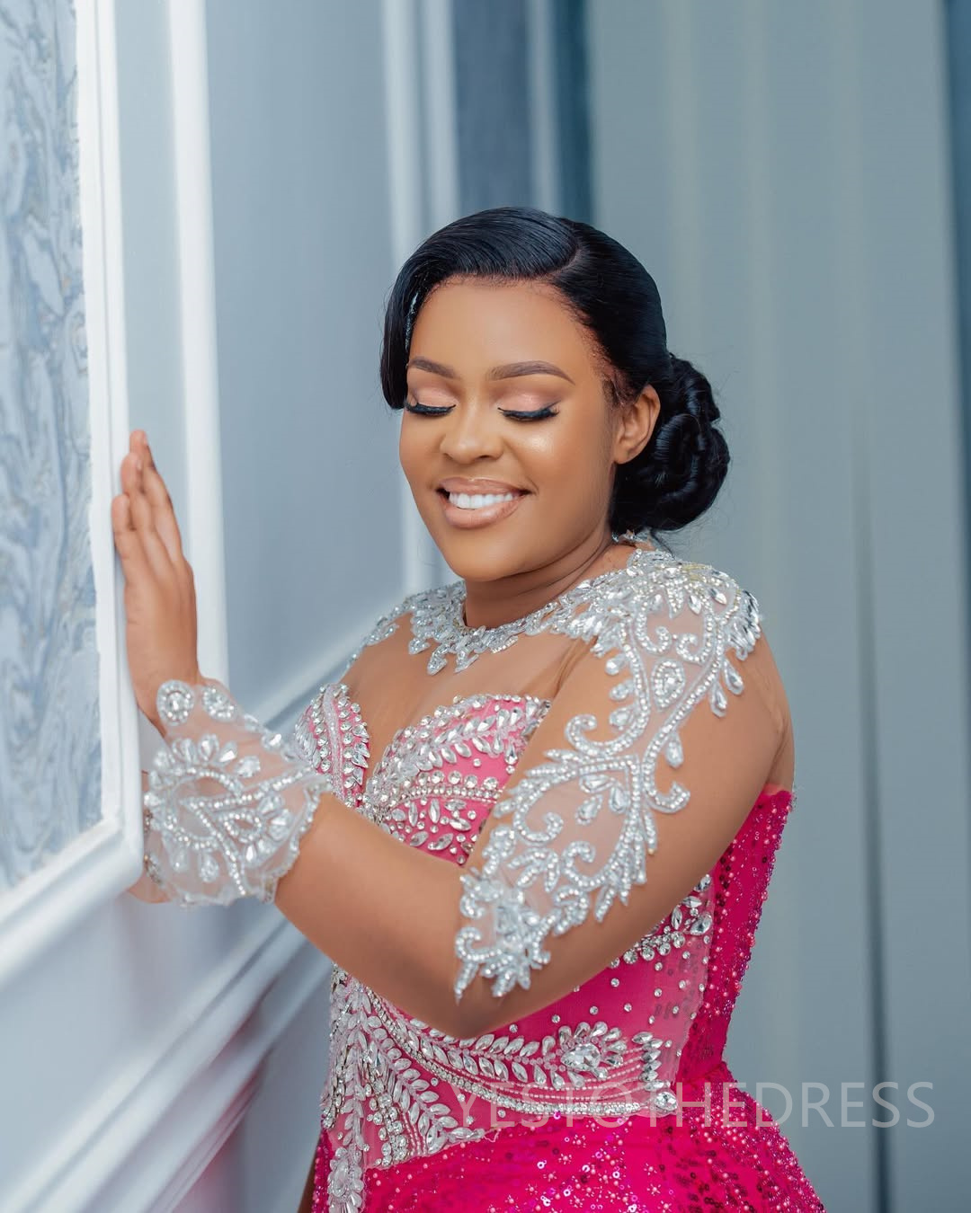 2025 Plus Size Fuchsia Mermaid Prom Dresses Aso Ebi Beaded Lace Appliqued Crystals Rhinestones Long Sleeves Illusion Birthday Dress Second Reception G