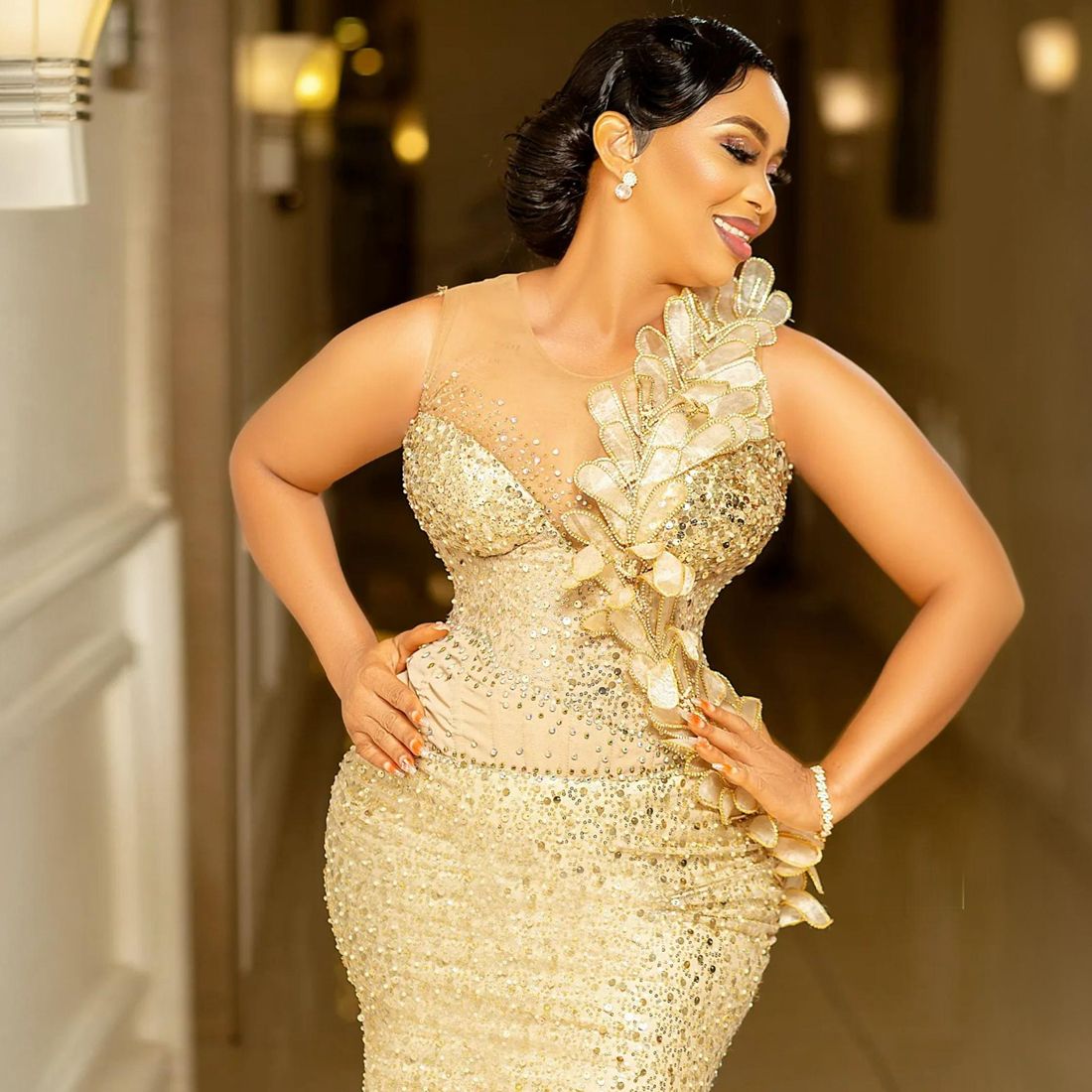 Nigeria African Aso Ebi Plus Size Prom Gold Evening Mermaid Sequin Lace Pearls Formal Birthday Dresses For Black Women Second Reception Gowns D0213