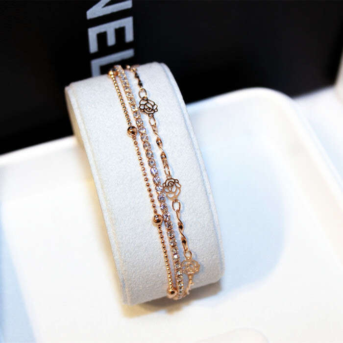 Fashion Korean Style Exquisite Three-Layer Inlaid Rhinestone Hollow Flower Bracelet Bangle Gold-Plated Color-Retaining Women S00096