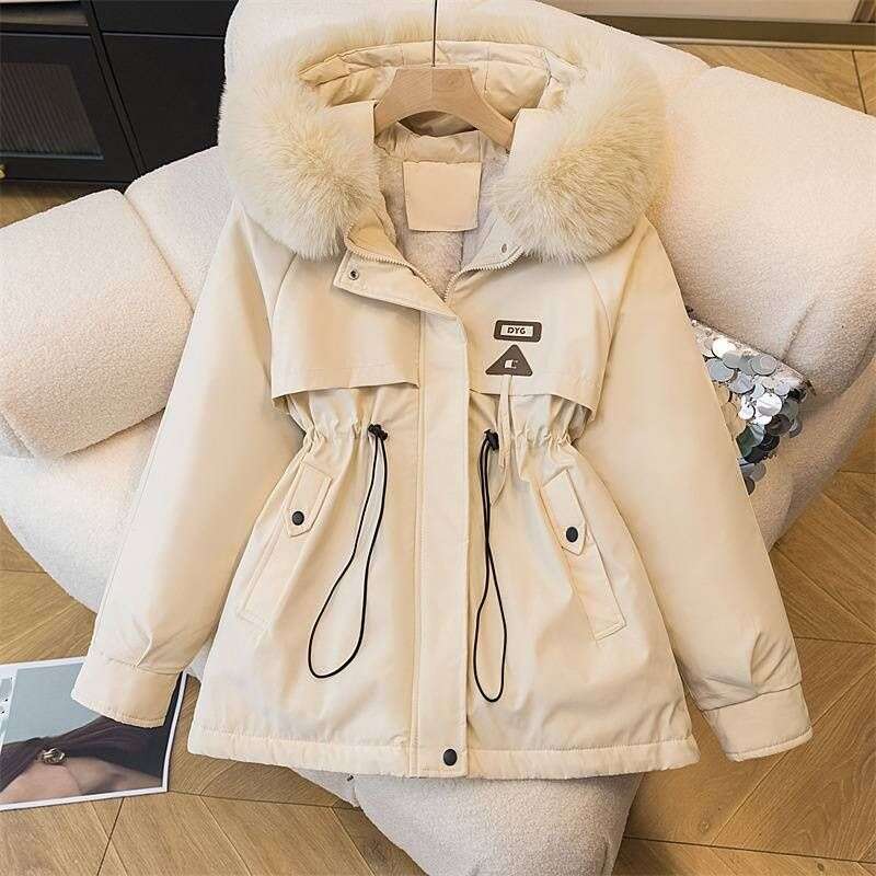 New Women's Cotton-Padded Plush Warm Coat Autumn Winter Parkas Coat Women's Long Sleeve Zipper Hooded Drawstring Parkas