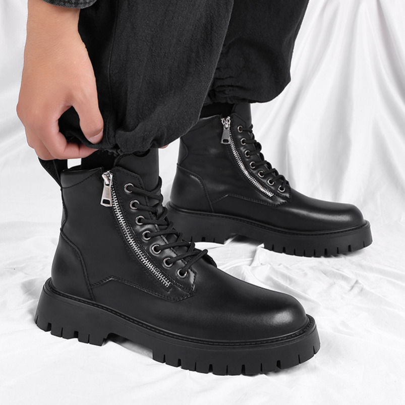 Trendy Martin Men's Motorcycle Side Zipper British Mid-Top Work Black Short Boots 1133-R