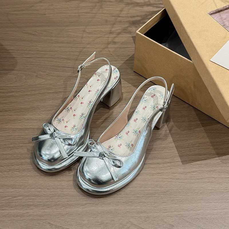 French Beautiful Baotou Sandals Womens 2025 New Summer Block Heel Single Shoes Bow Shallow Heels W250814