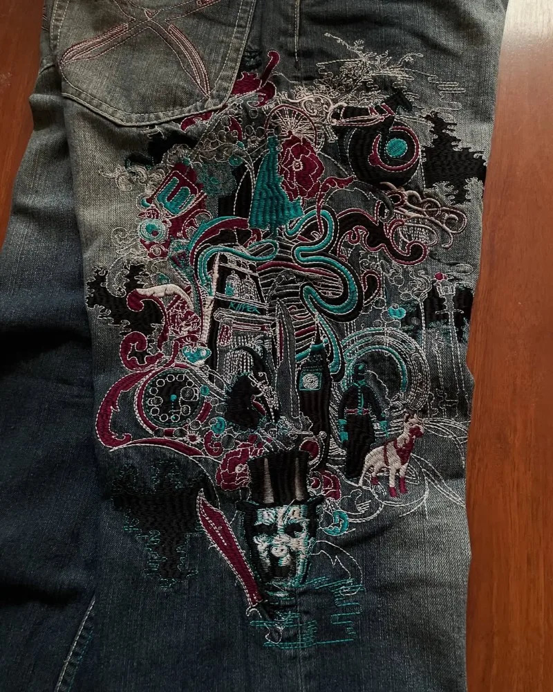 Retro Harajuku Fashion High Waist Graphic Embroidery Oversized Jeans Men Y2k American Hip Hop Street Rock Casual Pants Women 250813