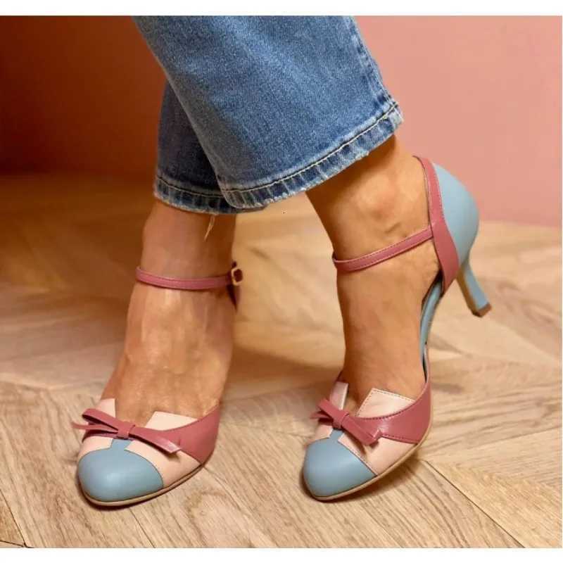 New Style Sweet Female Pumps Round Toe Small Heels 6cm Buckle Strap Bowknot Mixed Color Plus Size 34-43 Spring Dating Shoes W250814