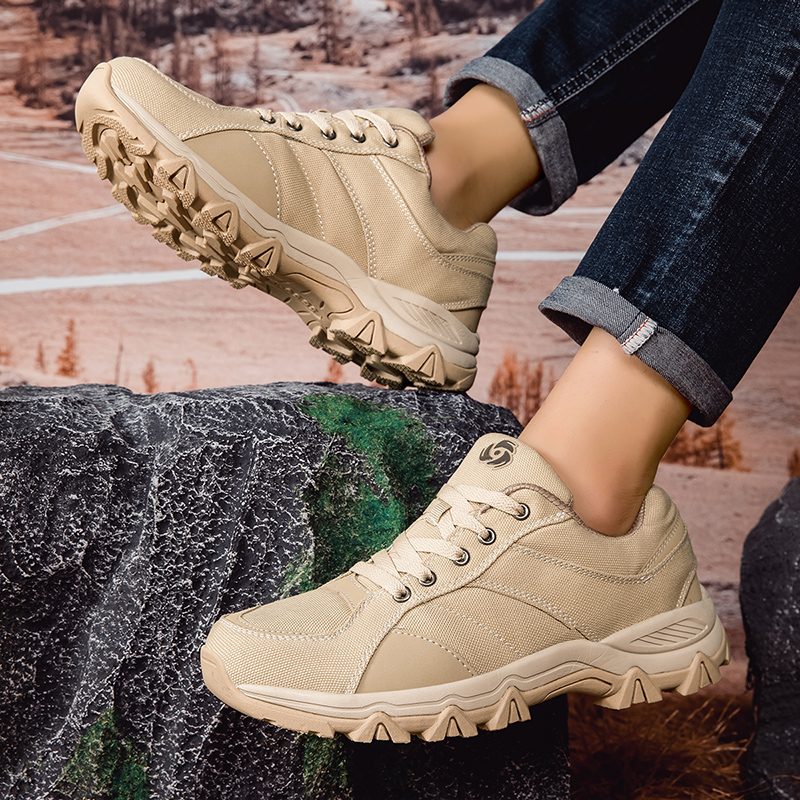 Jihua Genuine Canvas Hiking Shoes for Men - Khaki Outdoor Trekking Sneakers with Anti-Slip Soles