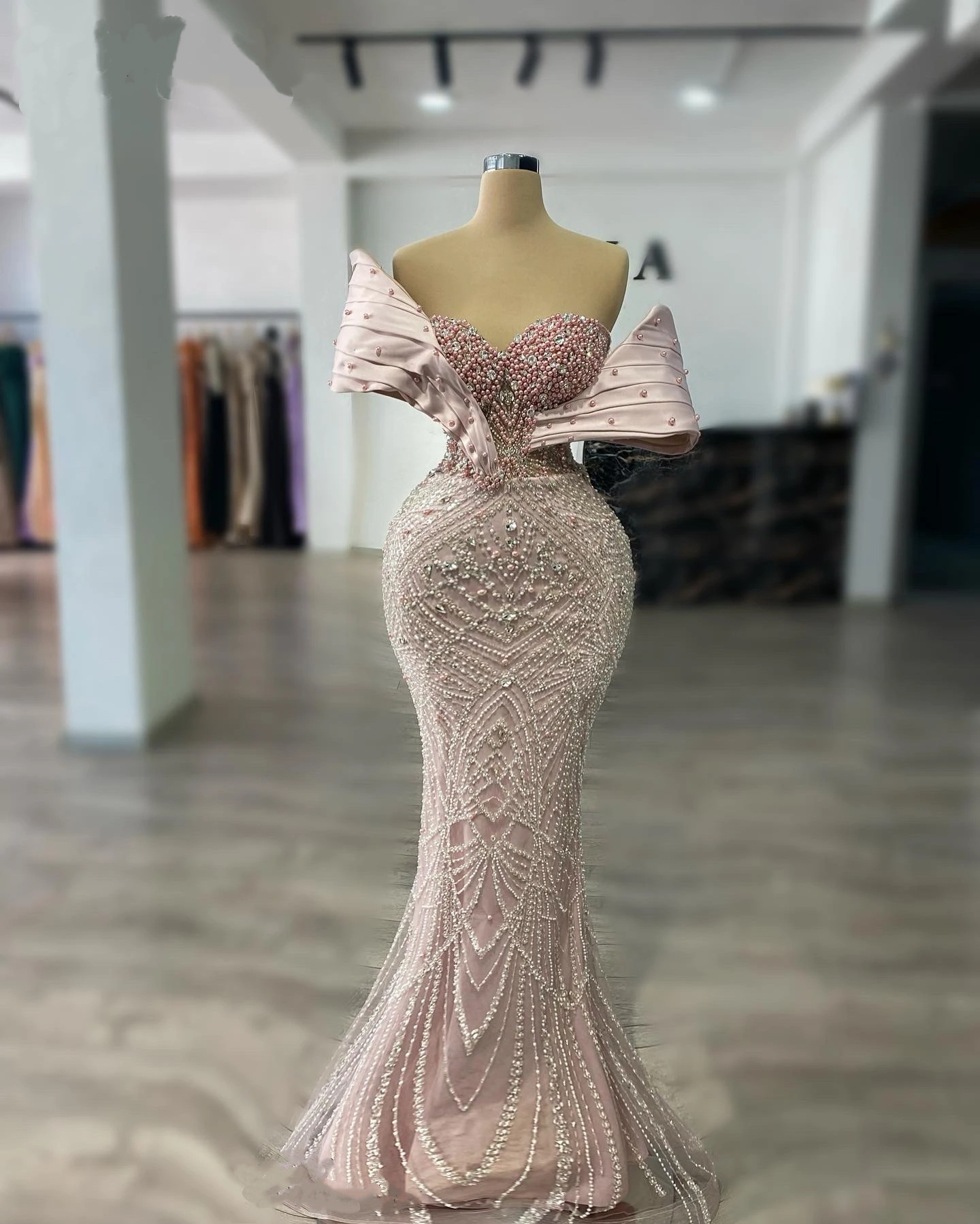 Luxurious Evening Dresses Rhinestone Pearls Prom Gowns Off Shoulder Beading Crystal Sequins Slim Customized Party Vestidos De Noche Plus Size