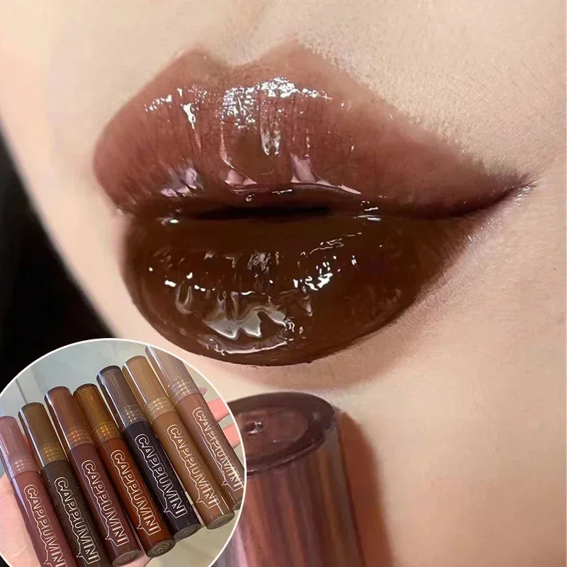 7 Colors Pink Mirror Water Lip Gloss Dark Brown Lip Oil Waterproof Non-stick Cup Liquid Lipstick Nude Brown Clear Tint Makeup 250812