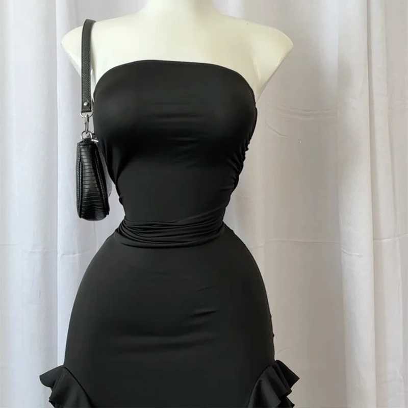 2024 Summer Maxi Womens Dress Vintage Ele Black Fashion Sleeveless Slim Backless Irregular Tassel Party Dresses Street Robe XJ250814