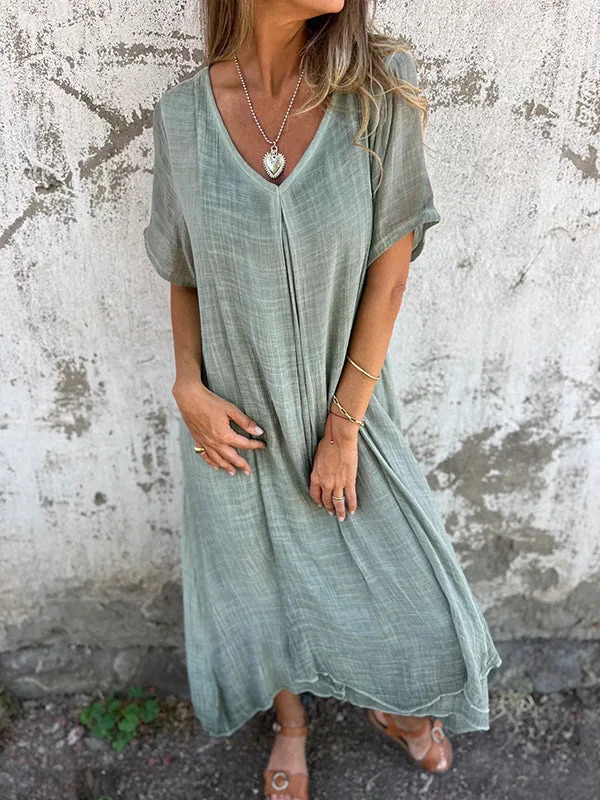 Womens Short-sleeved Cotton and Linen Dress V-neck Loose Large Size Casual Vacation Street Thin Long Skirt 250813