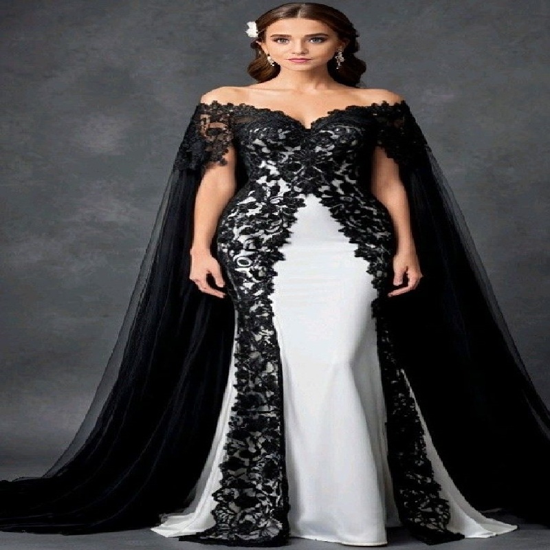 Gorgeous Black And White Wedding Dress With Cape Off Shoulders Lace Dubai Gatsby Mermaid Civil Bridal Dress 2025 Gothic Bride Dress Elegant Arabic Rob