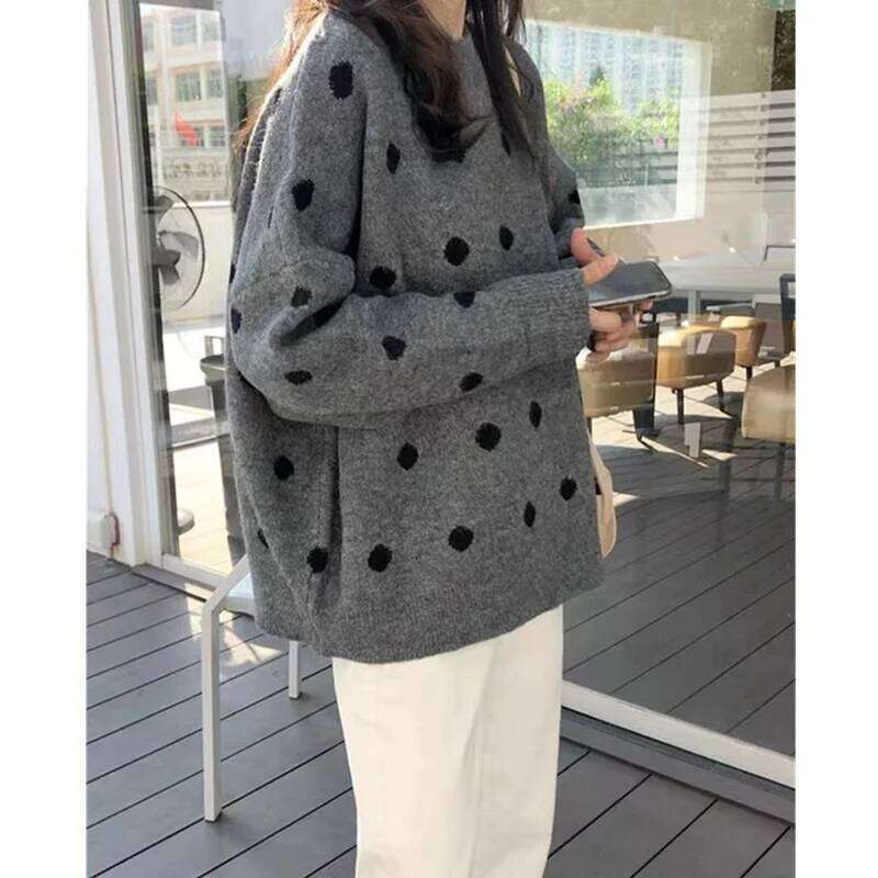 Wave Point Thickened Round Neck Pure Woolen Woman Autumn Winter Lazy Loose Cashmere Knit Bottom Sweater Jacket 20250809