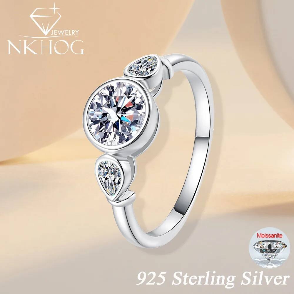 NKHOG 1.6CTTW Moissanite Bubble Rings Women S925 Silver 3-Stones Design Wedding Band 18K Plated Pass Test Jewelry GRA Wholesale